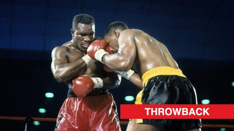Evander Holyfield fighting in the pocket with Alex Stewart
