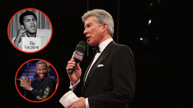 Image of Michael Buffer with insets of Floyd Mayweather and Muhammad Ali