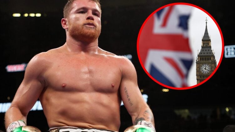 Canelo in the ring with inset of UK flag and Big Ben