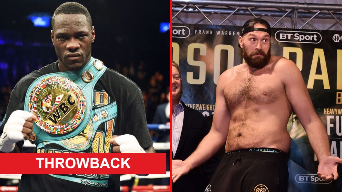 Split image of Deontay Wilder celebrating a win and Tyson Fury weighing-in with throwback label