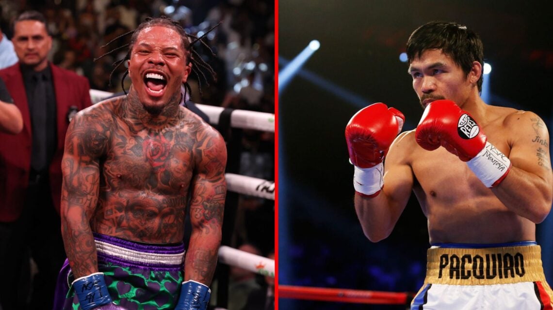 Split image of Gervonta Davis celebrating and Manny Pacquiao boxing