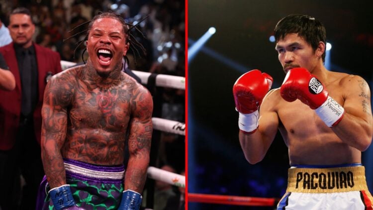 Split image of Gervonta Davis celebrating and Manny Pacquiao boxing