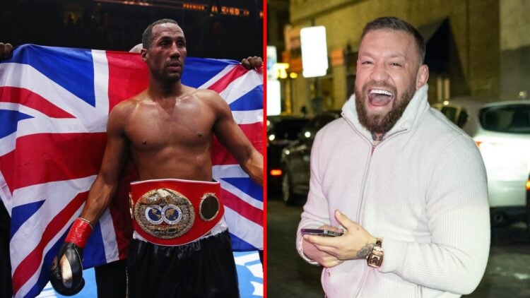 Split image of James DeGale celebrating defeating Andre Dirrell and Conor McGregor on his phone