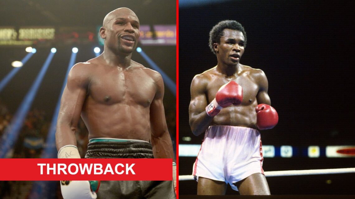 Split image of Floyd Mayweather and Sugar Ray Leonard boxing with throwback label