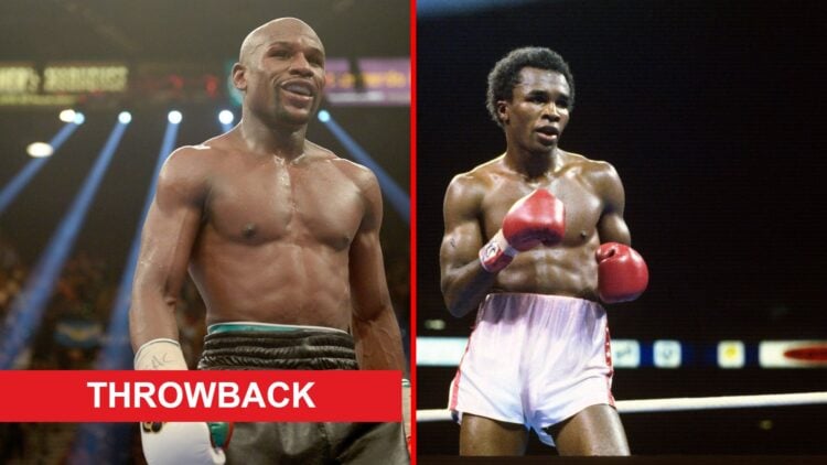 Split image of Floyd Mayweather and Sugar Ray Leonard boxing with throwback label