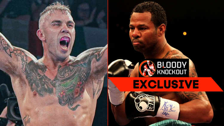 Split image of Matty Floyd celebrating and Shane Mosley boxing with exclusive banner