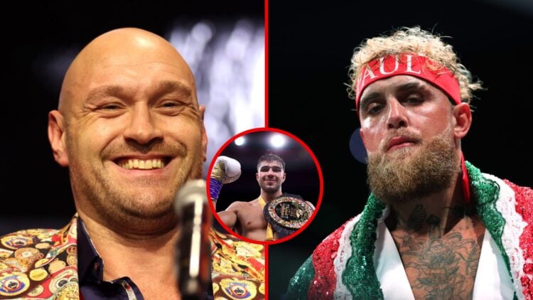 Split image of Tyson Fury at a press conference and Jake Paul ahead of a fight with an inset of Tommy Fury
