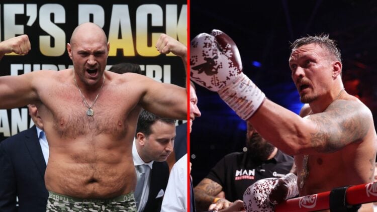 Split image of Tyson Fury weighing-in and Oleksandr Usyk after winning fight