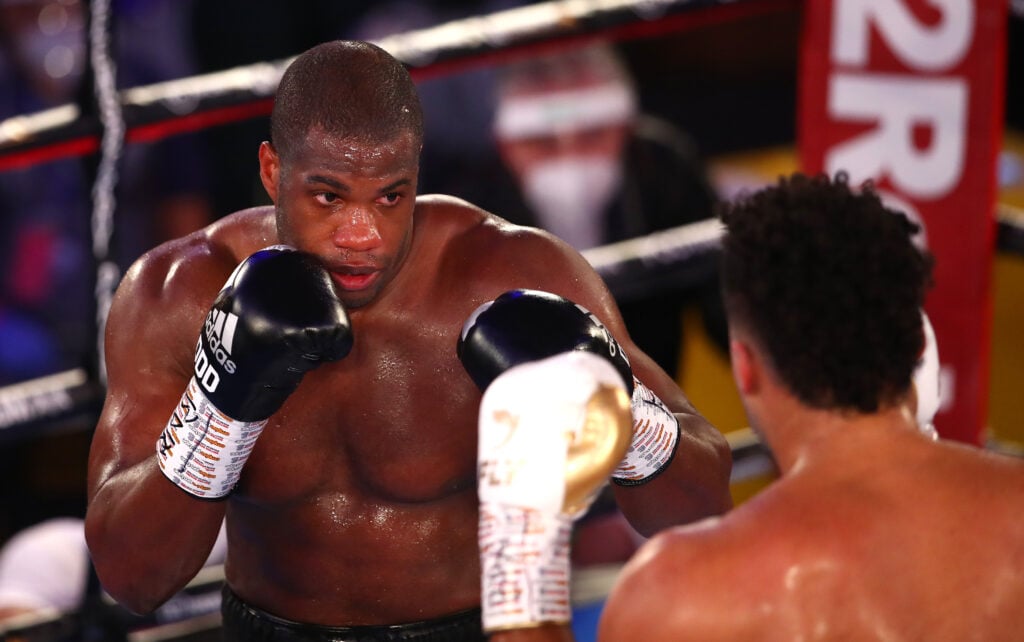 Daniel Dubois has his hands in high guard position as he faces Joe Joyce in their fight