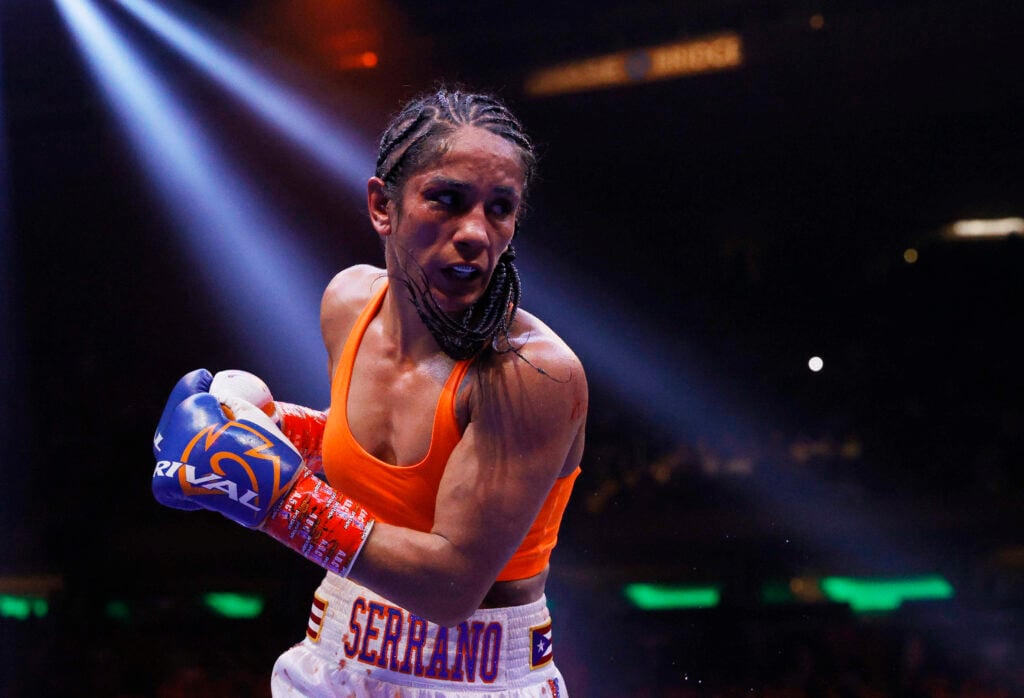 Close-up of Amanda Serrano during her first fight with Katie Taylor