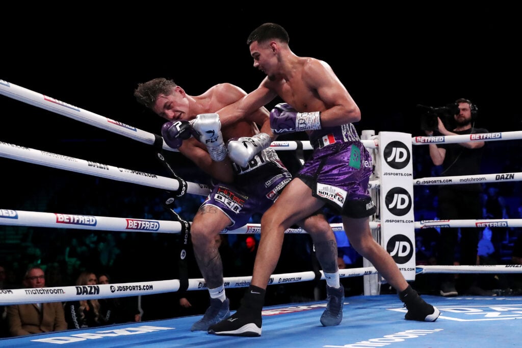 Diego Pacheco lands a right hand on the chin of Jack Cullen who recoils backwards before dropping to the canvas