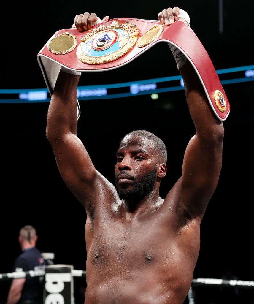Lawrence Okolie celebrates his title fight win over David Light in March, 2023