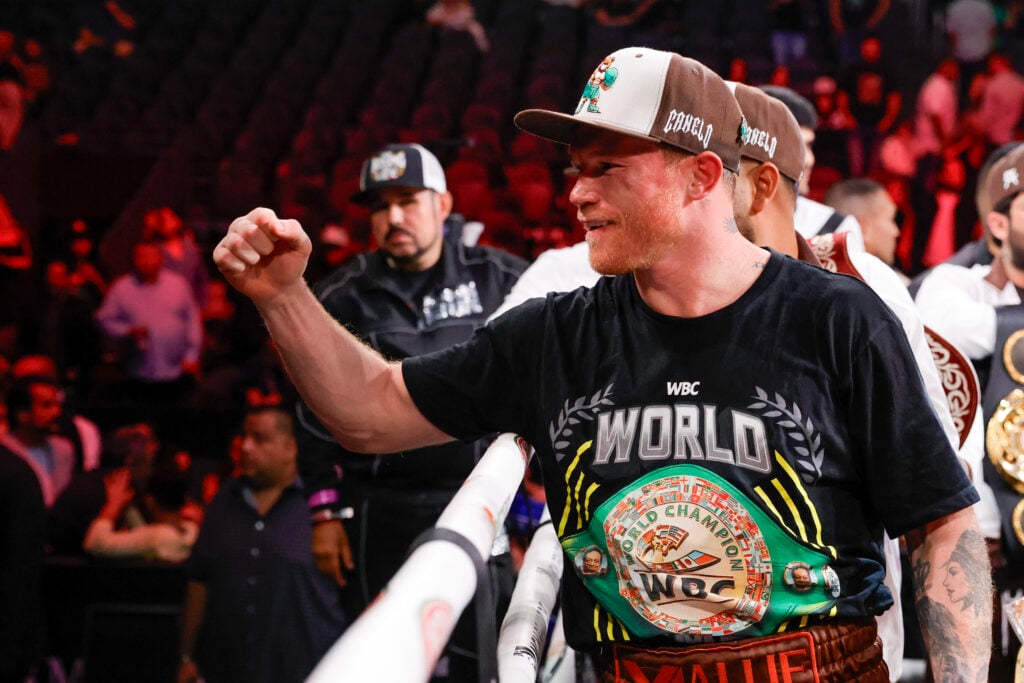 Canelo Alvarez celebrates defeating Edgar Berlanga