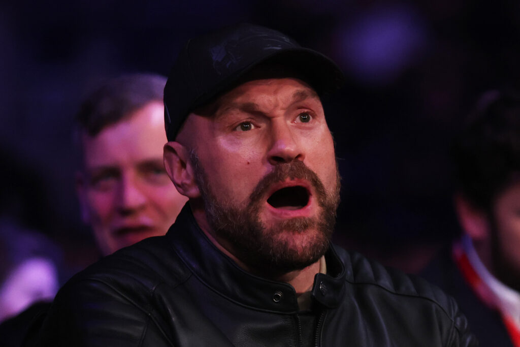 Tyson Fury shouts as he watches his cousin Walter face Dale Arrowsmith