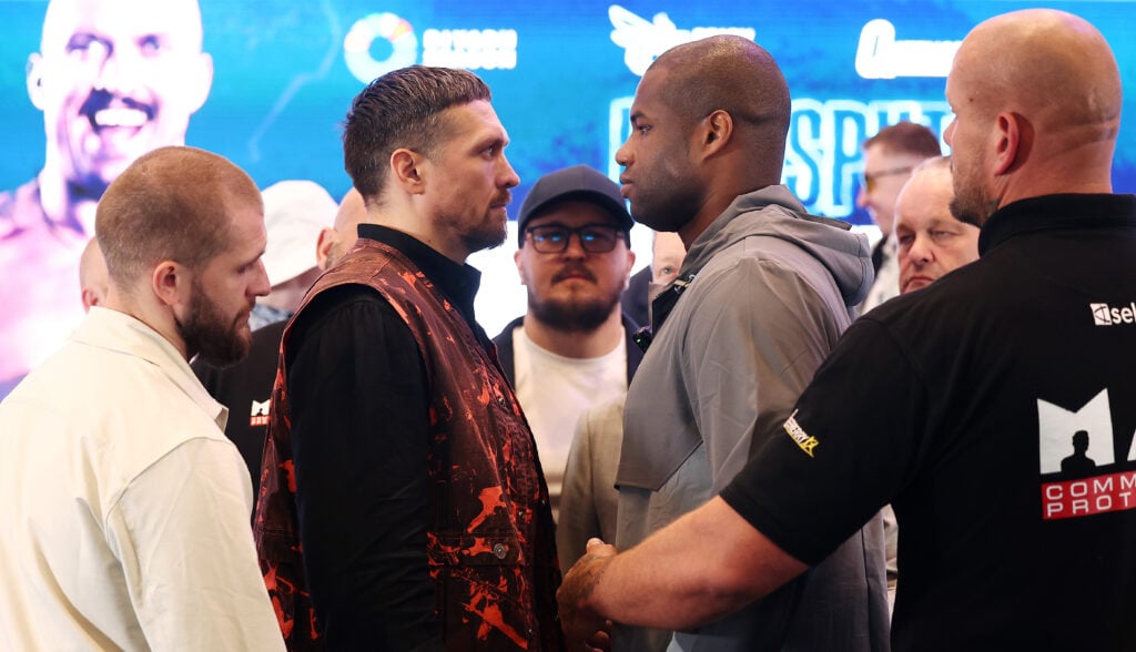 Oleksandr Usyk and Daniel Dubois stare into eachother's eyes during their face off