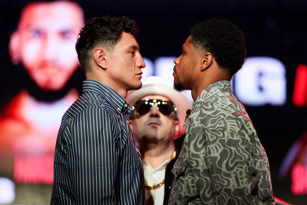 William Zepeda facing off with Shakur Stevenson at press conference