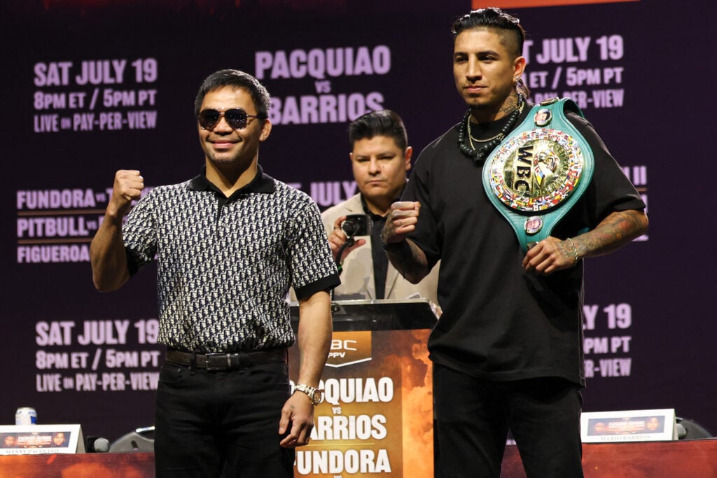 Manny Pacquiao and Mario Barrios posing ahead of their fight