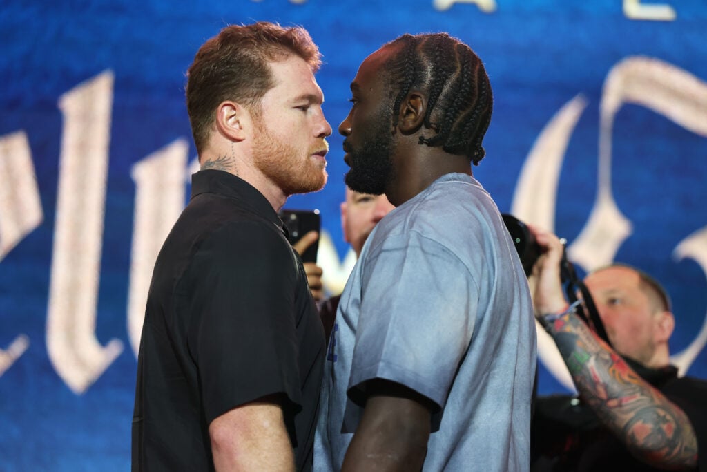Canelo Alvarez and Terence Crawford face off during an appearance at Fanatics Fest in New York City