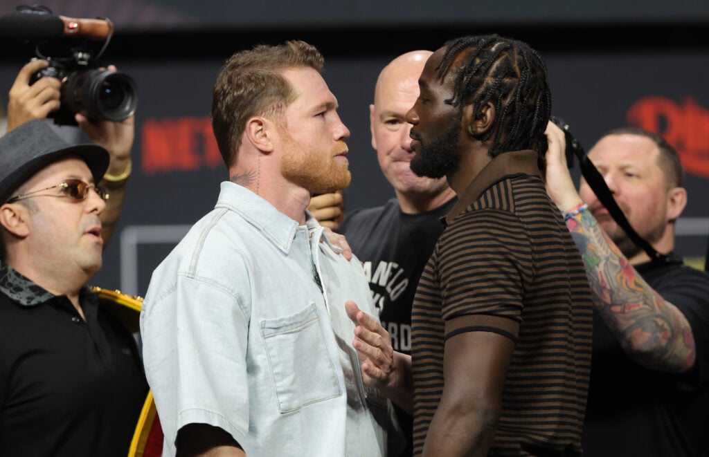 Terence Crawford faces off with Canelo Alvarez during a pre-fight press conference in June, 2025 ahead of their super middleweight title fight