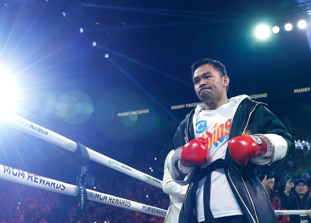 Manny Pacquiao in the ring before his WBC welterweight title fight with Mario Barrios in Las Vegas