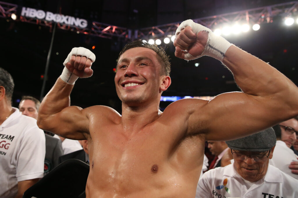 Gennady Golovkin celebrates defeating Daniel Geale