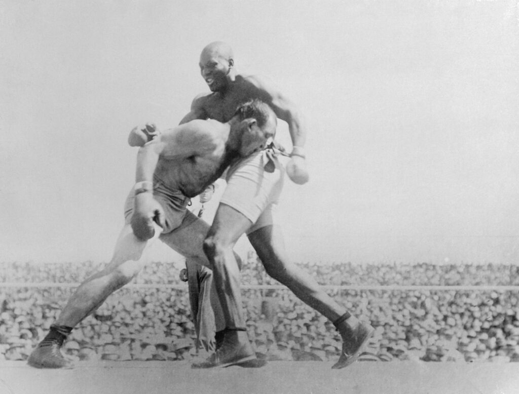 Jack Johnson in the Ring with James Jeffries during their 1910 "Fight of the Century"