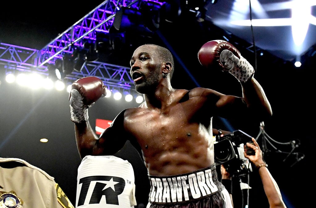 Terence Crawford celebrates defeating Jeff Horn