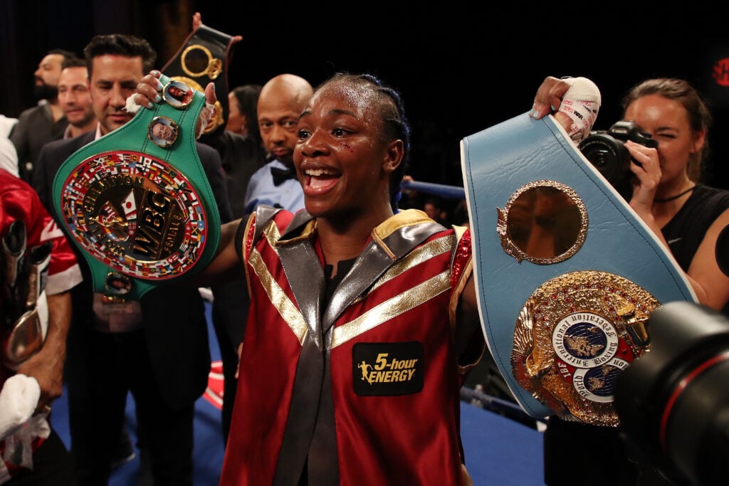 Claressa Shields celebrates defeating Hanna Gabriels