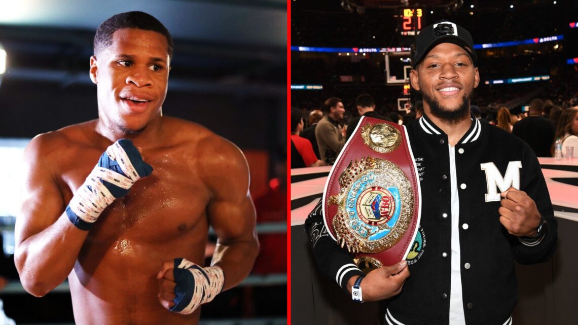 Split image of Devin Haney training and Brian Norman Jr. with his WBO belt