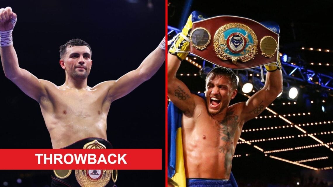 Split image of Jack Catterall and Vasiliy Lomachenko celebrating wins with throwback label