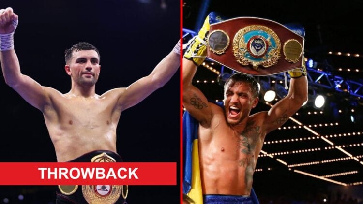 Split image of Jack Catterall and Vasiliy Lomachenko celebrating wins with throwback label