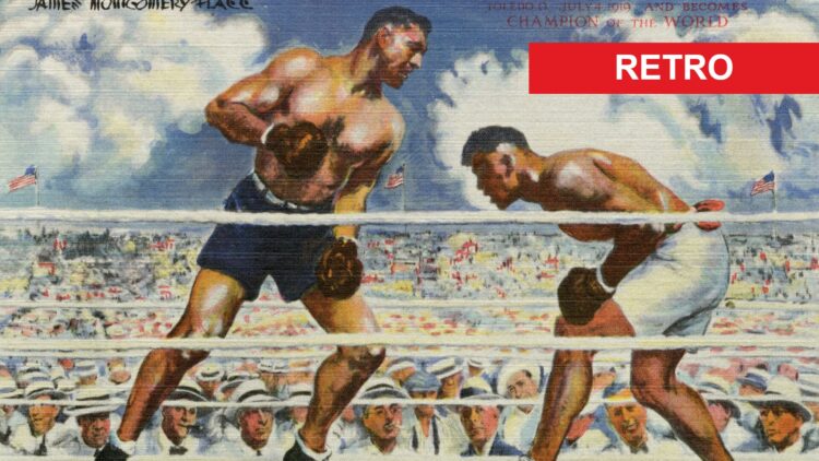Postcard of Jack Dempsey fighting Jess Willard with retro label