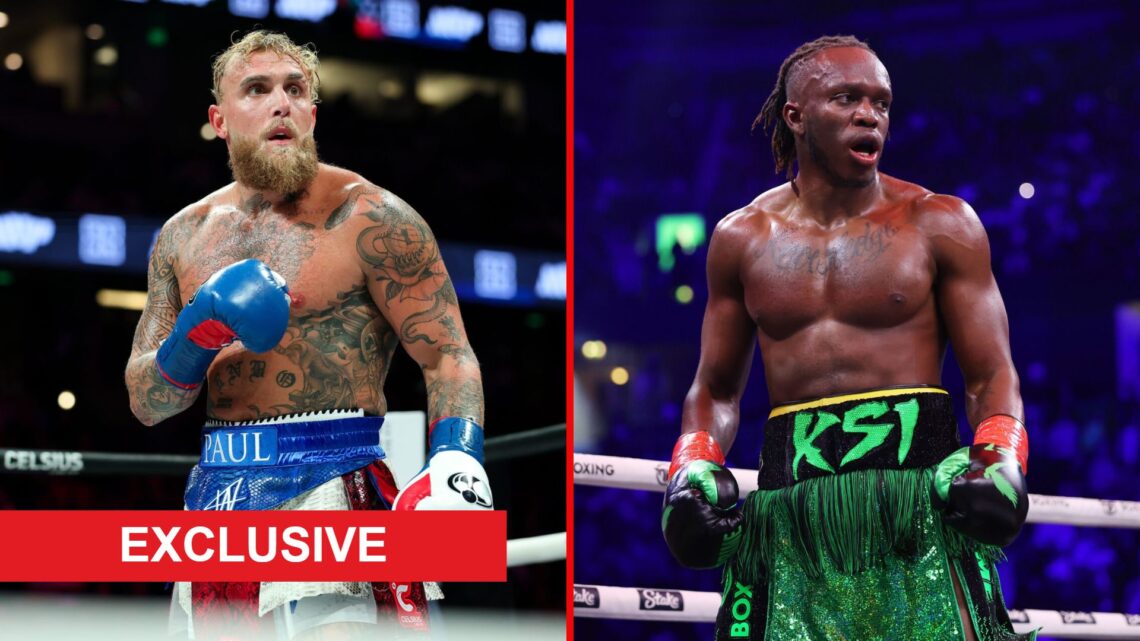 Split image of Jake Paul and KSI during fights with exclusive label