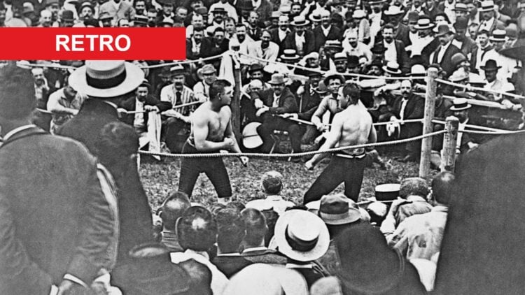 John L. Sullivan inside the ring during a fight with retro label