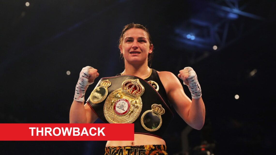 Katie Taylor celebrates her victory over Anahi Sanchez with throwback label