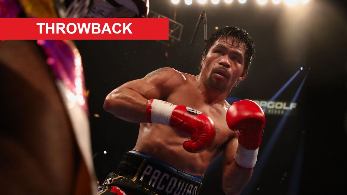 Manny Pacquiao boxing Adrien Broner with throwback label
