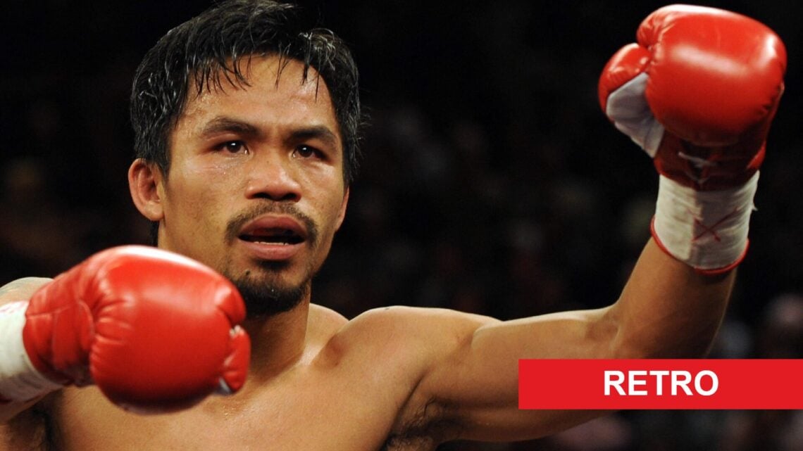 Manny Pacquiao after knocking out Ricky Hatton with retro label