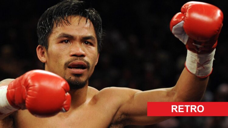 Manny Pacquiao after knocking out Ricky Hatton with retro label