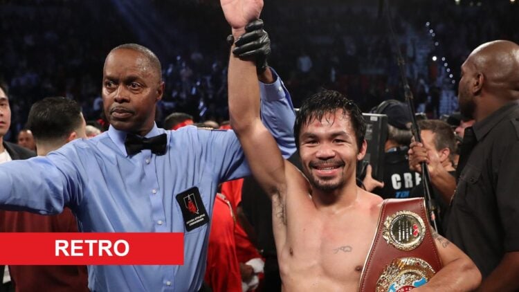 Manny Pacquiao celebrates defeating Jessie Vargas with retro label