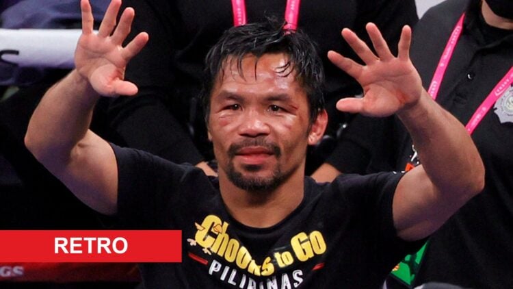 Manny Pacquiao after Yordenis Ugas fight with retro label