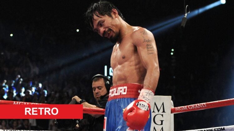 Manny Pacquiao after fight with Juan Manuel Marquez with retro label