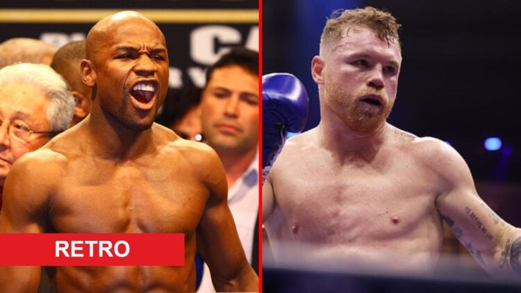Split image of Floyd Mayweather weighing-in and Canelo Alvarez boxing, with retro label