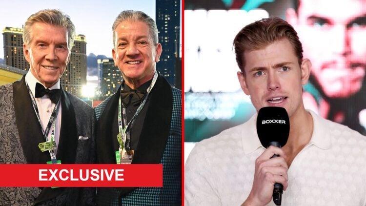 Split image of Michael Buffer and Bruce Buffer together and Big Mo on the mic with exclusive label