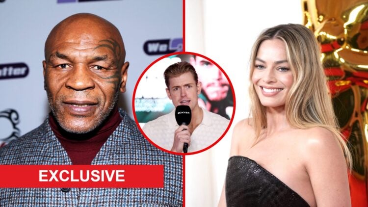 Split image of Mike Tyson and Margot Robbie at events with a inset of Big Mo with exclusive label