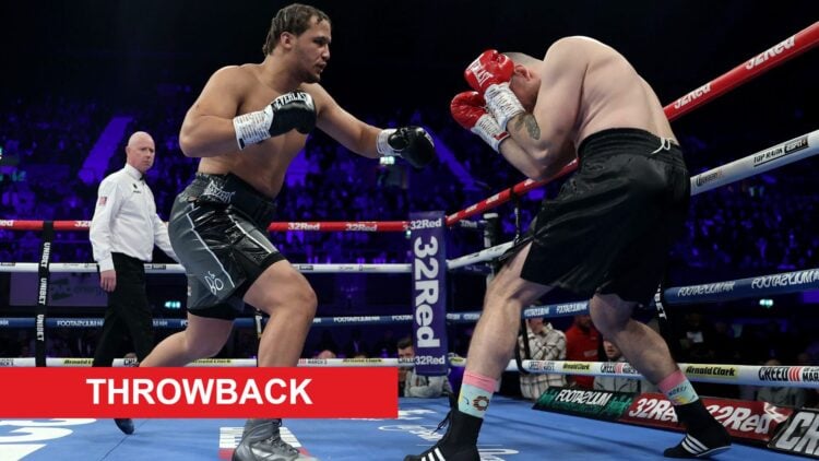 Moses Itauma boxing Marcel Bode with throwback label