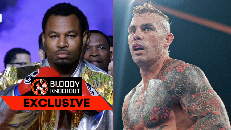 Split image of Shane Mosley walking to the ring and Matty Floyd boxing with exclusive banner