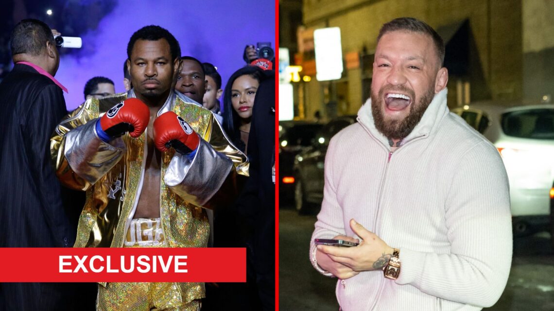 Split image of Shane Mosley walking to the ring and Conor McGregor on his phone with exclusive label