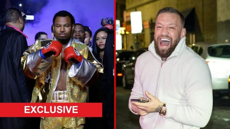 Split image of Shane Mosley walking to the ring and Conor McGregor on his phone with exclusive label