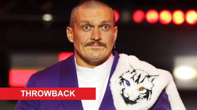 Oleksandr Usyk at the Grand Arrivals ahead of fighting Tyson Fury with throwback label