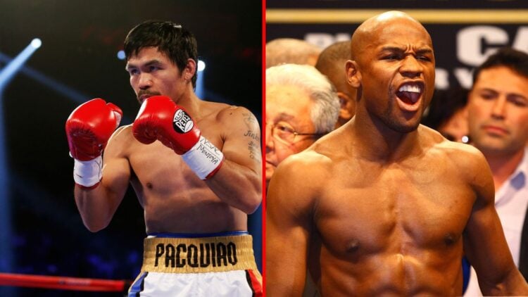 Split image of Manny Pacquiao boxing and Floyd Mayweather weighing-in